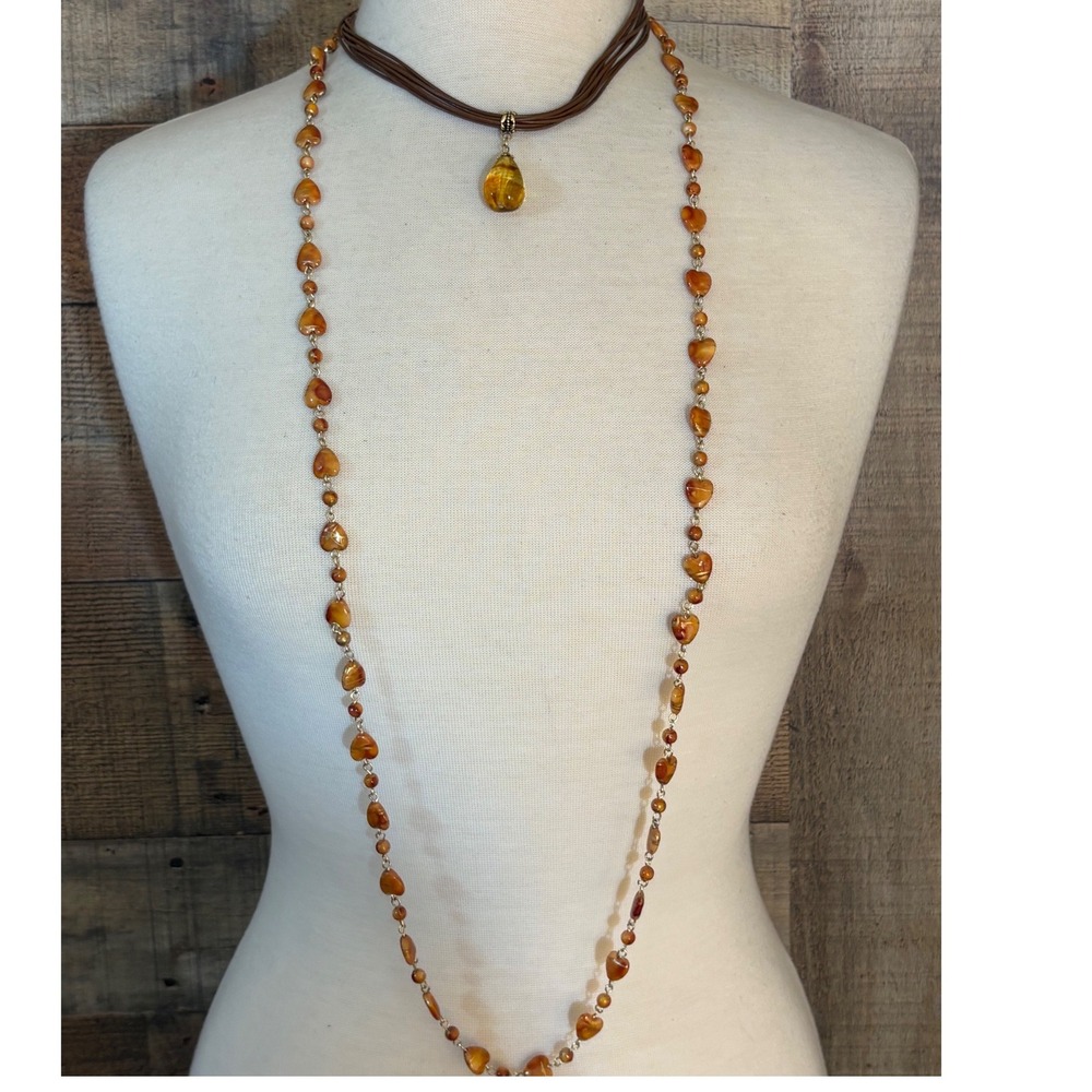 Warm Honey Glass Heart Bead Long Necklace & Brown Cord Teardrop Choker Set